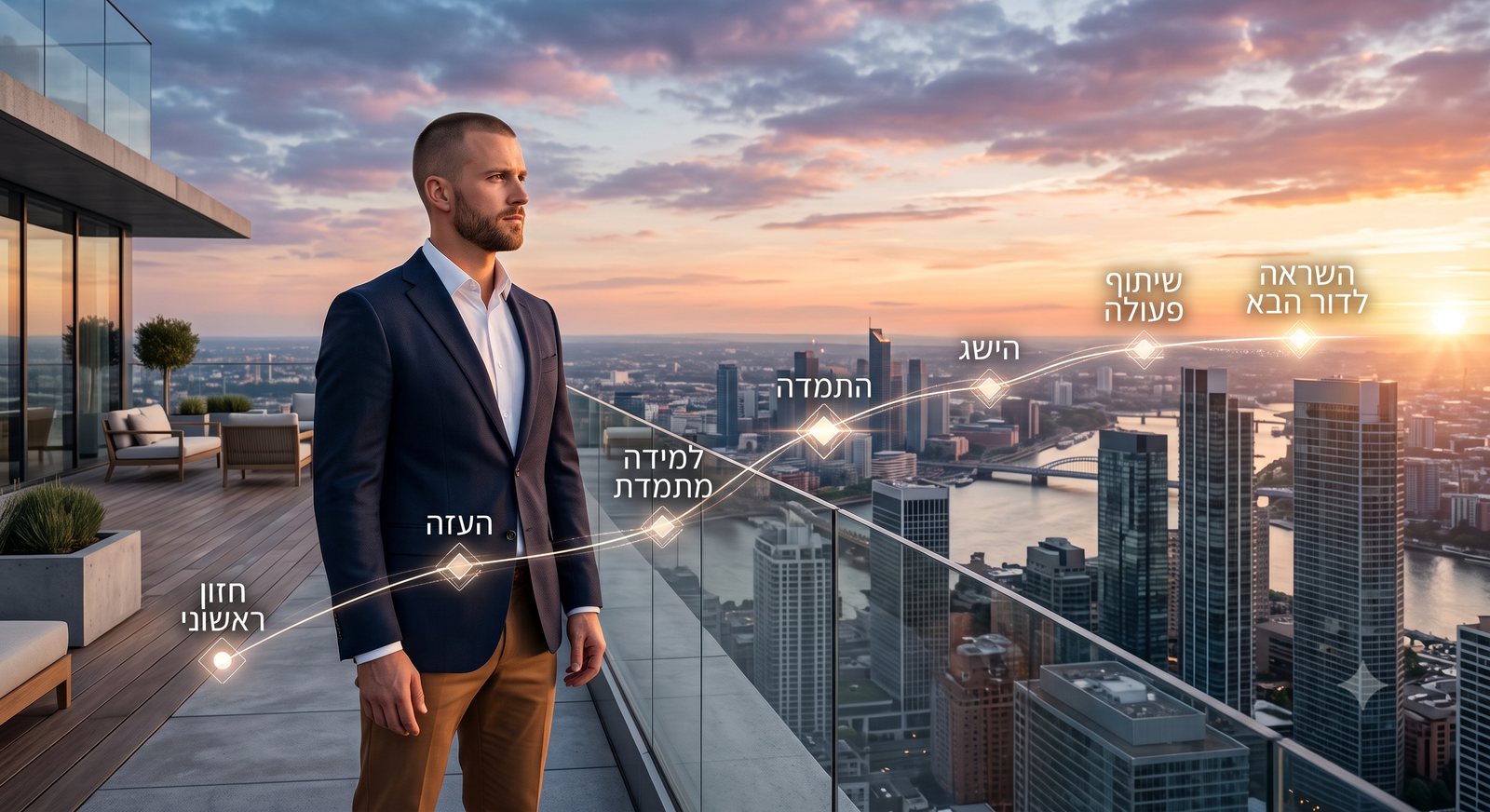 יזם עומד על מרפסת גורד שחקים בשעת שקיעה, מביט אל קו רקיע של עיר, עם מסלול נקודות זוהר שמסמן את שלבי המסע שלו: חזון ראשוני, העזה, למידה מתמדת, התמדה, הישג, שיתוף פעולה והשראה לדור הבא