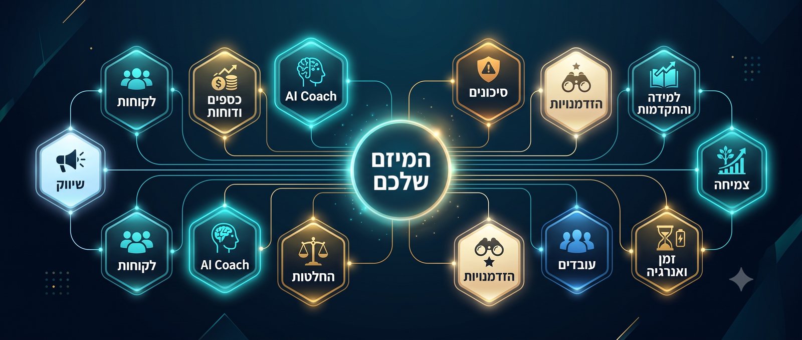 תרשים מערכת: המיזם שלכם במרכז, מחובר לתחומים כמו לקוחות, כספים, סיכונים, הזדמנויות, AI Coach, החלטות, שיווק, עובדים וצמיחה